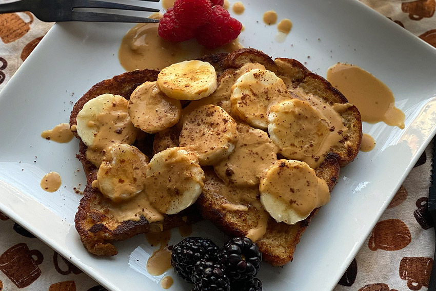 Banana French Toast with Peanut Butter Maple Drizzle